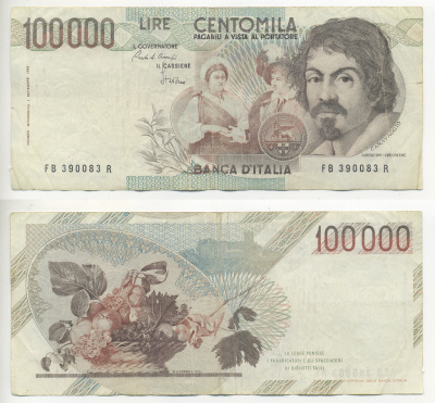 Италия 100000 лир 1983 Караваджо, фруктовый букет, подпись Speziali Pick 110b бумага 7220-27-1