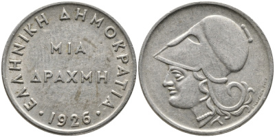 Греция 1 драхма 1926 Афина в шлеме KM 69 медно-никель 28-814