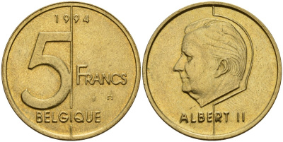 Бельгия 5 франков 1994 Belgique KM 189 алюминиевая бронза 4179-637
