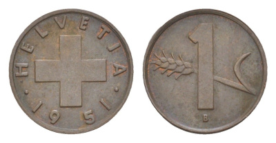 Швейцария 1 раппен 1951 B KM 46 бронза 4532-234