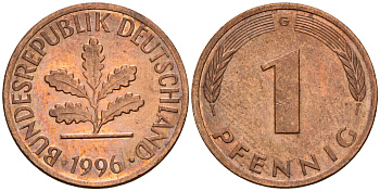 ФРГ 1 пфенниг 1996 G KM 105, J. 380 сталь плакированная медью    4598-718