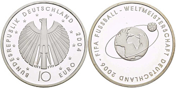 ФРГ 10 евро 2004 чемпионат мира по футболу в Германии 2006 года, футбольный мяч на орбите земли KM 229, DE.S. 10.12 серебро PROOF 1085-5-43