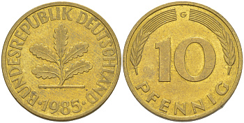 ФРГ 10 ПФЕННИГОВ 1985 G KM 108, J. 383 сталь плакированная латунью 4182-943