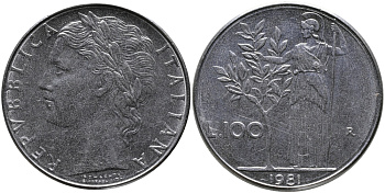 ИТАЛИЯ 100 ЛИР 1981 R, АФИНА KM 96.1 нержавеющая сталь 97-613