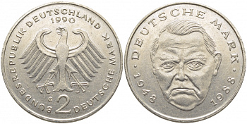 ФРГ 2 МАРКИ 1990 G ЛЮДВИГ ЭРХАРД J. 445, KM 170 медно-никель плакированный никелем 3856-316