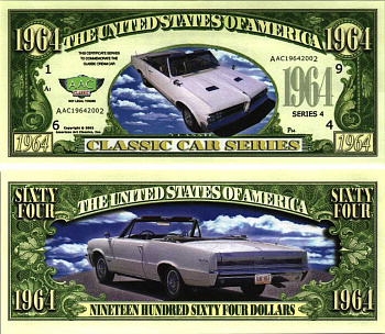 США 1964 ДОЛЛАРА 2002 СУВЕНИРНАЯ БАНКНОТА, СЕРИЯ КЛАССИЧЕСКИЕ АВТОМОБИЛИ, СЕРИЯ 4, ААС 1964 ГОДА бумага UNC (ПРЕСС) 7198-41-2-1
