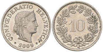 Швейцария 10 раппенов 2009 B KM 27 медно-никель UNC 4549-1122