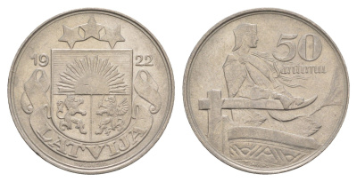 Латвия 50 сантимов 1922 год-тип KM 6 никель 4657-746