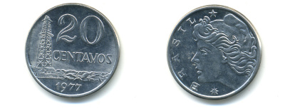 Бразилия 20 сентаво 1977 голова свободы влево KM 579.1a, Schon 84b нержавеющая сталь UNC 86-1042