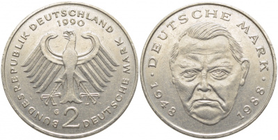 ФРГ 2 МАРКИ 1990 G ЛЮДВИГ ЭРХАРД J. 445, KM 170 медно-никель плакированный никелем 3856-316