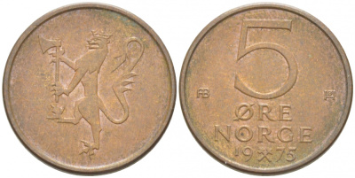 Норвегия 5 эре 1975 Улаф V (1958-1991) KM 415 бронза 3955-163