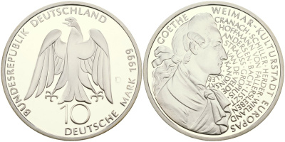 ФРГ 10 марок 1999 F, 250 лет со дня рождения Иоганна Гете KM 197 серебро PROOF 04-137-23