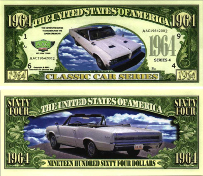 США 1964 ДОЛЛАРА 2002 СУВЕНИРНАЯ БАНКНОТА, СЕРИЯ КЛАССИЧЕСКИЕ АВТОМОБИЛИ, СЕРИЯ 4, ААС 1964 ГОДА бумага UNC (ПРЕСС) 7198-41-2-1