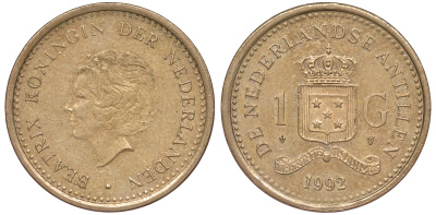 Нидерландские Антилы 1 гульден 1992 Беатрикс (1980-2013) KM 37 позолоченная сталь 25-1945