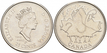 Канада 25 центов 2002 Елизавета II (1952-2022), ДЕНЬ КАНАДЫ - КЛЕНОВЫЙ ЛИСТ, 50 ЛЕТ ПРАВЛЕНИЯ ЕЛИЗАВЕТЫ II (1952-2002) KM 451 никелированная сталь UNC M47-07