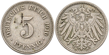 Германия 5 пфеннигов 1910 A KM 11, J. 12 медно-никель 4151-519