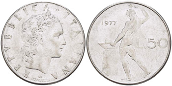 ИТАЛИЯ 50 ЛИР 1977 R, КУЗНЕЦ, ВУЛКАН БОГ ОГНЯ, ДИАМЕТР 25 ММ. KM 95.1 нержавеющая сталь 110-747