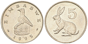 Зимбабве 5 центов 1995 рыжий кролик KM 2 медно-никель UNC 4615-1147