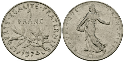 Франция 1 франк 1974 сеятель KM 925 никель 4135-837