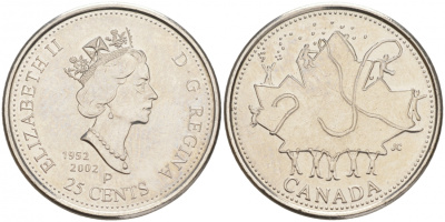Канада 25 центов 2002 Елизавета II (1952-2022), ДЕНЬ КАНАДЫ - КЛЕНОВЫЙ ЛИСТ, 50 ЛЕТ ПРАВЛЕНИЯ ЕЛИЗАВЕТЫ II (1952-2002) KM 451 никелированная сталь UNC M47-07