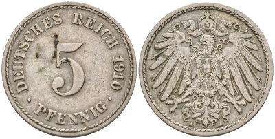Германия 5 пфеннигов 1910 A KM 11, J. 12 медно-никель 4151-519