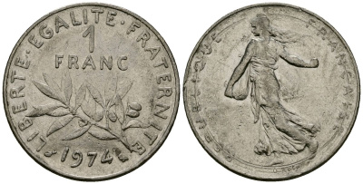 Франция 1 франк 1974 сеятель KM 925 никель 4135-835