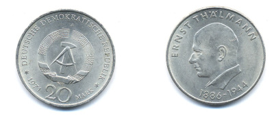 ГДР 20 марок 1971 A, 85 лет со дня рождения Эрнста Тельмана KM 34, J. 1535 медно-никель 3333-525
