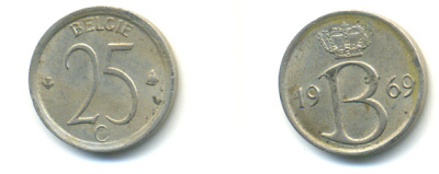 Бельгия 25 сантимов 1969 Belgie, Бодуэн I (1951-1993) KM 154.1 медно-никель 86-1255