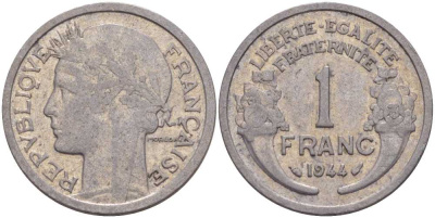 ФРАНЦИЯ 1 ФРАНК 1944 ТИП MORLON, LEGERE KM 885a.1, LE FRANC 221.3 алюминий 117-912