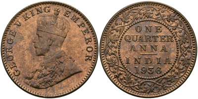 Британская Индия 1/4 анна 1936 Георг V (1910-1936) KM 512 бронза UNC 94-243