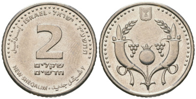 Израиль 2 новых шекеля 2008 JE 5768 KM 433 сталь плакированная никелем aUNC 4606-952