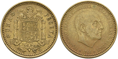 Испания 1 песета 1966 (72) Франсиско Франко (1939-1975) KM 796 алюминиевая бронза 3336-1255
