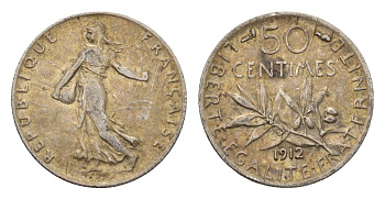 Франция 50 сантимов 1912 KM 854 серебро 4169-1162