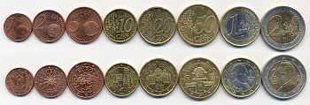 АВСТРИЯ ЕВРОНАБОР ИЗ 8 ЕВРОМОНЕТ 2002 (1, 2, 5, 10, 20, 50 ЕВРОЦЕНТОВ, 1, 2 ЕВРО) биметалл N4-11