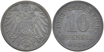 ГЕРМАНИЯ 10 ПФЕННИГОВ 1921 (1917-1922) KM 26, J. 299, Weege 8 цинк 210-244