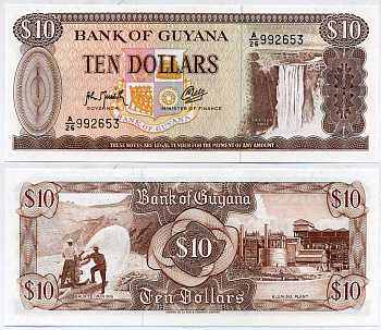 Гайана 10 долларов ND (1966-1992) водопад Кайетур Pick 23 f бумага UNC (пресс) 7548-90-2