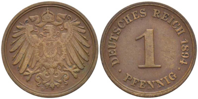 ГЕРМАНИЯ 1 ПФЕННИГ 1894 D KM 10, J. 10, Weege 2 медь 211-165