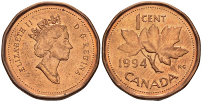 Канада 1 цент 1994 Елизавета II (1952-2022), кленовый лист KM 181 бронза 08-1446