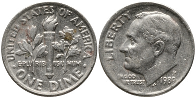 США 10 ЦЕНТОВ = 1 ДАЙМ 1989 Р, РУЗВЕЛЬТ KM 195а медь плакированная медно-никелем 39-152