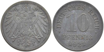 ГЕРМАНИЯ 10 ПФЕННИГОВ 1921 (1917-1922) KM 26, J. 299, Weege 8 цинк 210-244