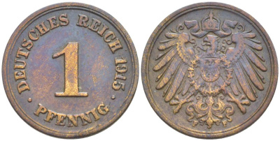ГЕРМАНИЯ 1 ПФЕННИГ 1915 F KM 10, Jager. 10, Weege 2 медь 4528-663