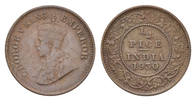Британская Индия 1/2 пайса 1930 Георг V (1910-1936) KM 510 бронза 4189-814