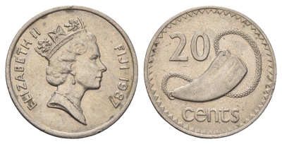Фиджи 20 центов 1987 Елизавета II (1952-2022), китовый зуб KM 53 медно-никель aUNC 4545-1016