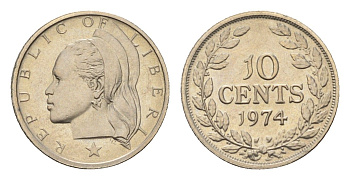 Либерия 10 центов 1974 KM 15a.2 медно-никель aUNC 4679-121