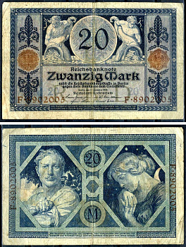 Германия 20 марок 1915 Pick 63 бумага 8617-34-2-1