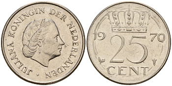 Нидерланды 25 центов 1970 Юлиана (1949-1980) KM 183 никель    4598-455