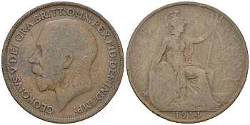 Великобритания 1 пенни 1914 Георг V (1910-1936) KM 810, Spink 4051 бронза 221-1246