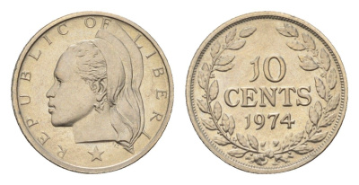Либерия 10 центов 1974 KM 15a.2 медно-никель aUNC 4679-121