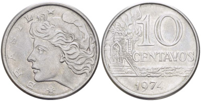 БРАЗИЛИЯ 10 СЕНТАВО 1974 KM 578.1а нержавеющая сталь 4529-355