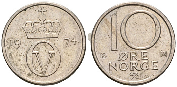 Норвегия 10 эре 1974 Улаф V (1958-1991) KM 416 медно-никель 4608-334